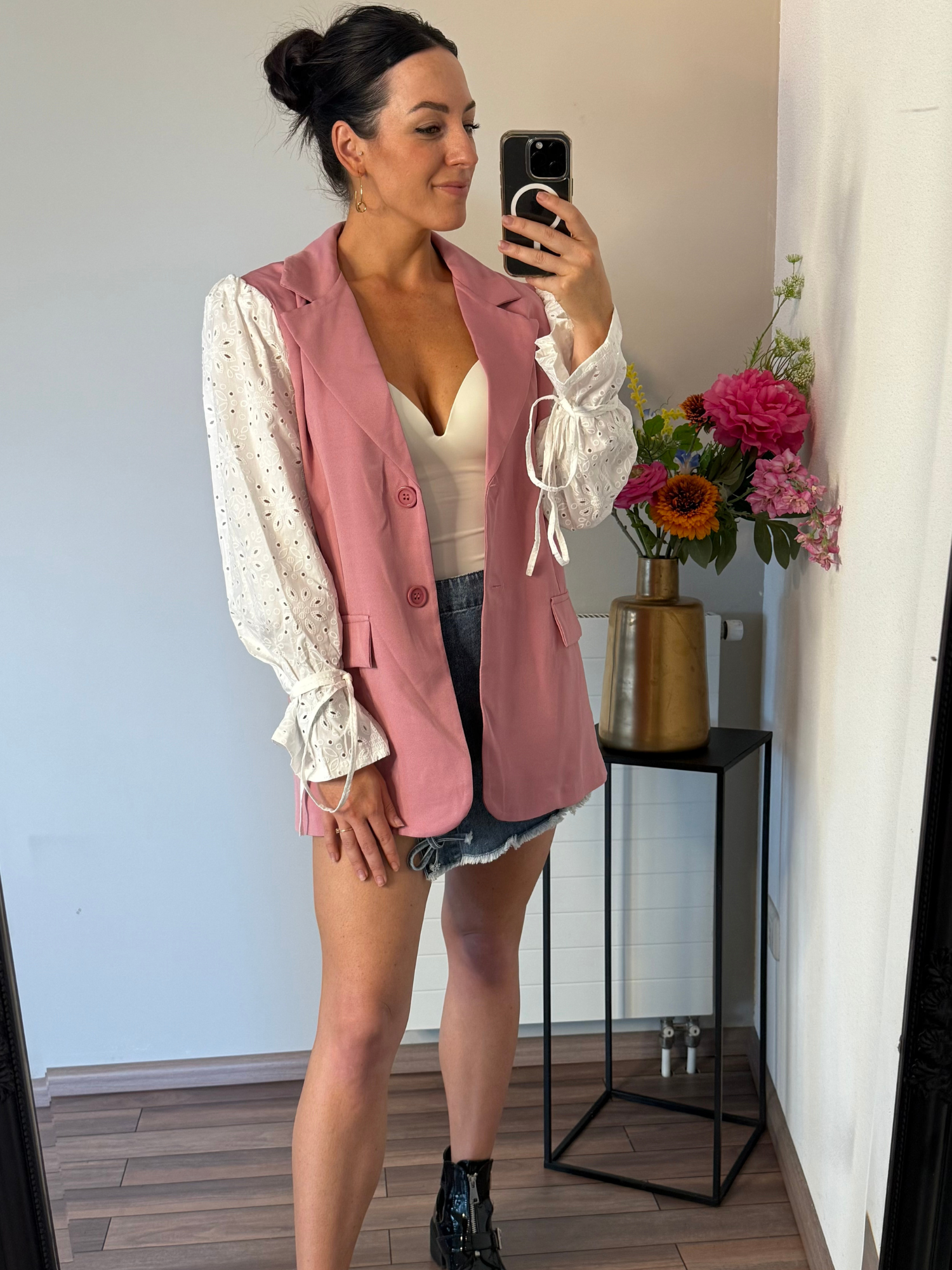 Oversized Blazer | Print Mouwtjes | Roze/Wit | Nieuw