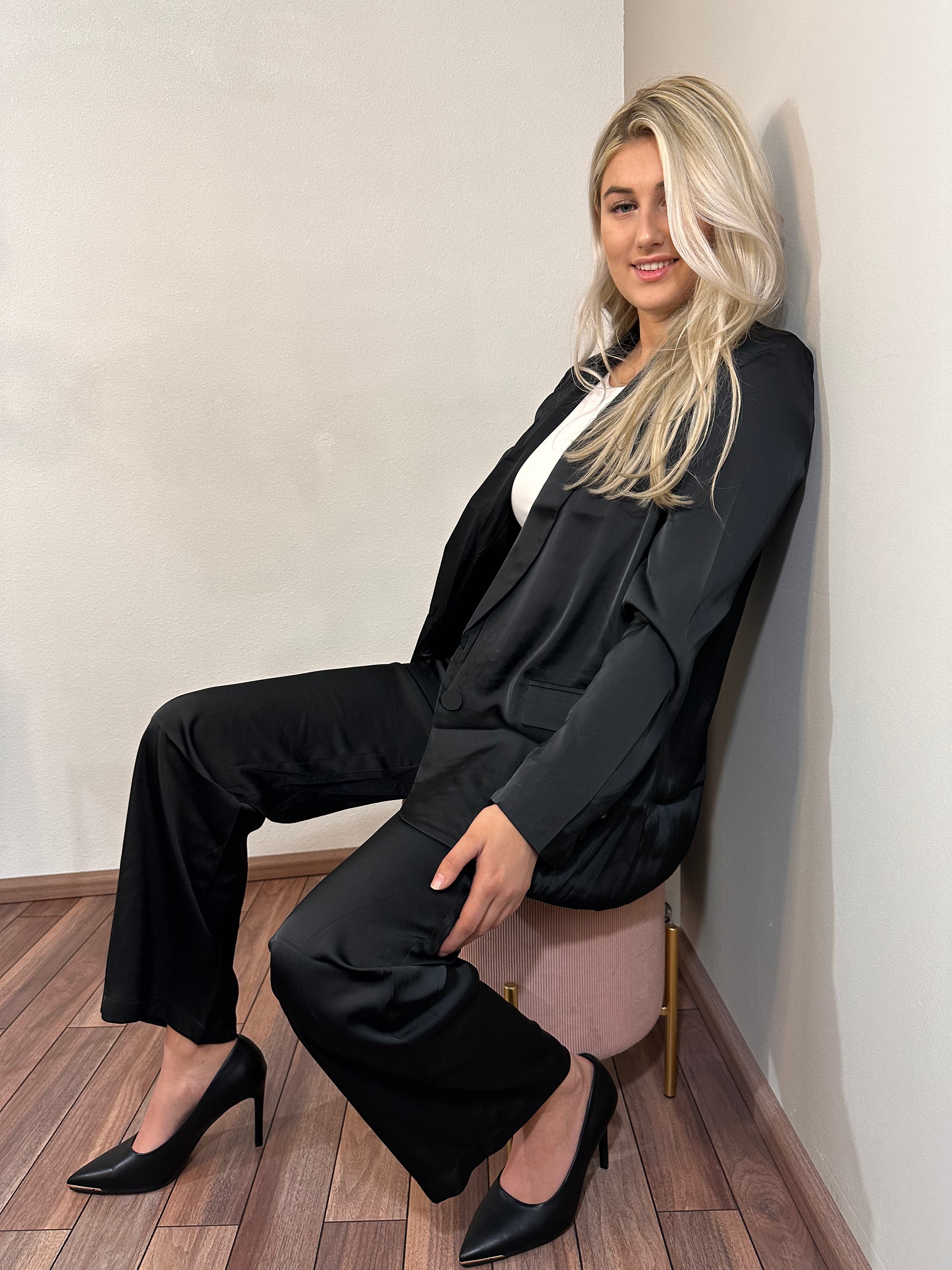 Oversized Satijnen blazer + pantalon broek - Black